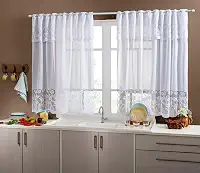 Cortina de Renda Para Cozinha Toda Branca de Varão Simples Desenho Folhagens 2,50m x 1,20m (Branca - Tulipas)