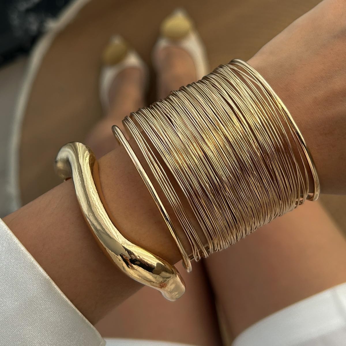Gold Irregular Chunky Cuff Bracelets for Women | 3PCS Minimalist Statement Bangle Bracelets Set | Open Wide Bangle Arm Cuff | Daily Outfits Jewelry
