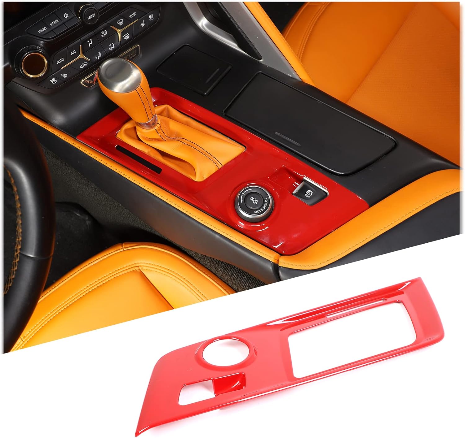 Center Console Gear Shift Panel Trim Cover Compatible with Chevrolet Corvette Stingray Z06 Z51 C7 2014-2019, Control Gear Shift Panel Trim Protective Cover Interior Accessories (Red)