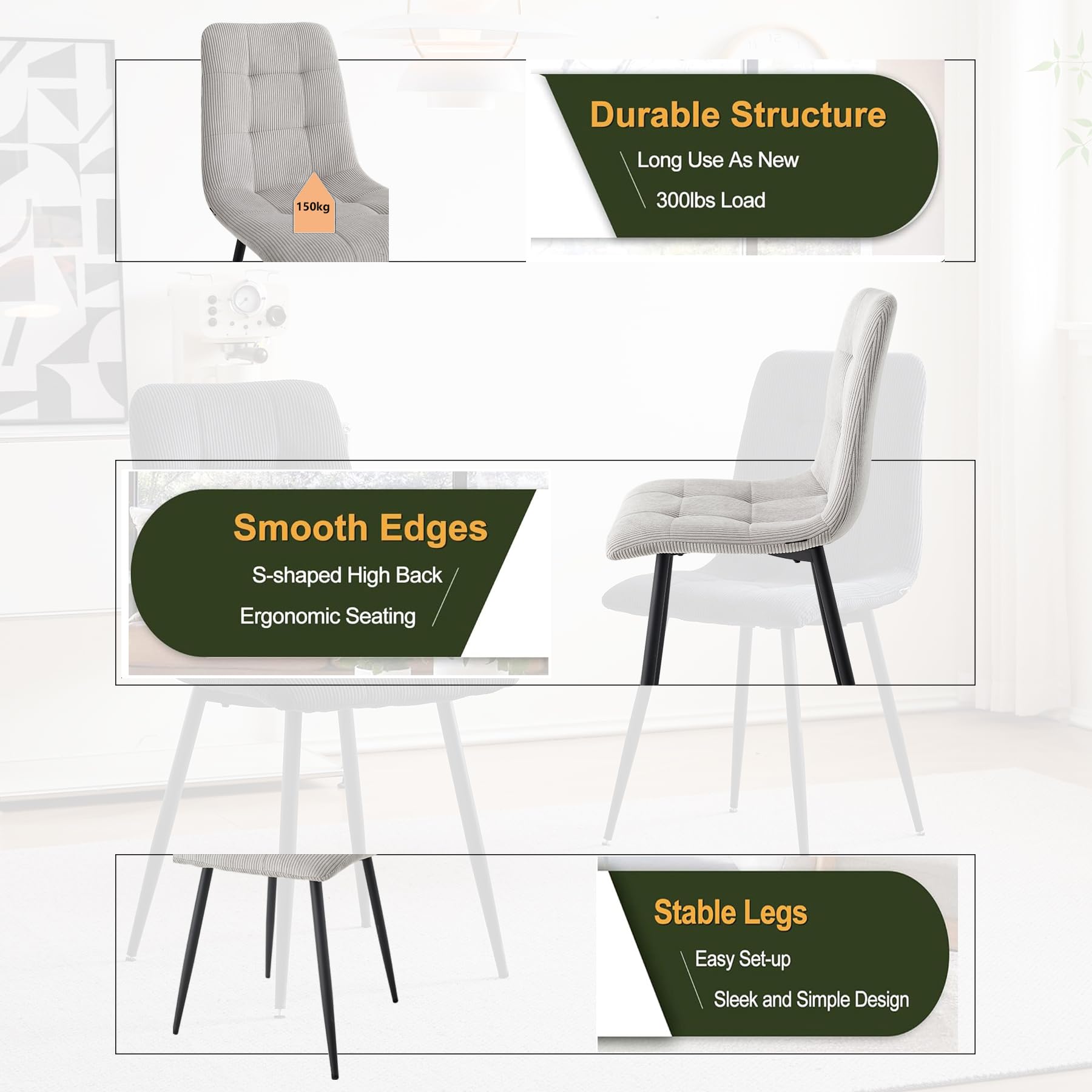 GrandCA HOME Juego de 4 Sillas de Comedor con Asiento Tapizado de Pana, Sillas de Cocina Modernas con Patas de Metal,Gris Claro