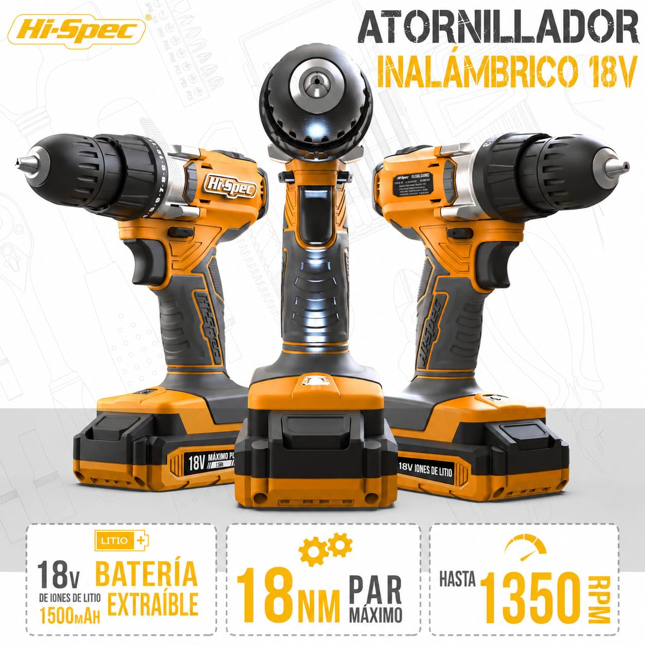 Hi-Spec Kit de Herramientas con Taladro Atornillador 18V, Amarillo | 30 piezas, vasos, destornillador, brocas para madera y metal, alicates y martillo en maletín, uso diario