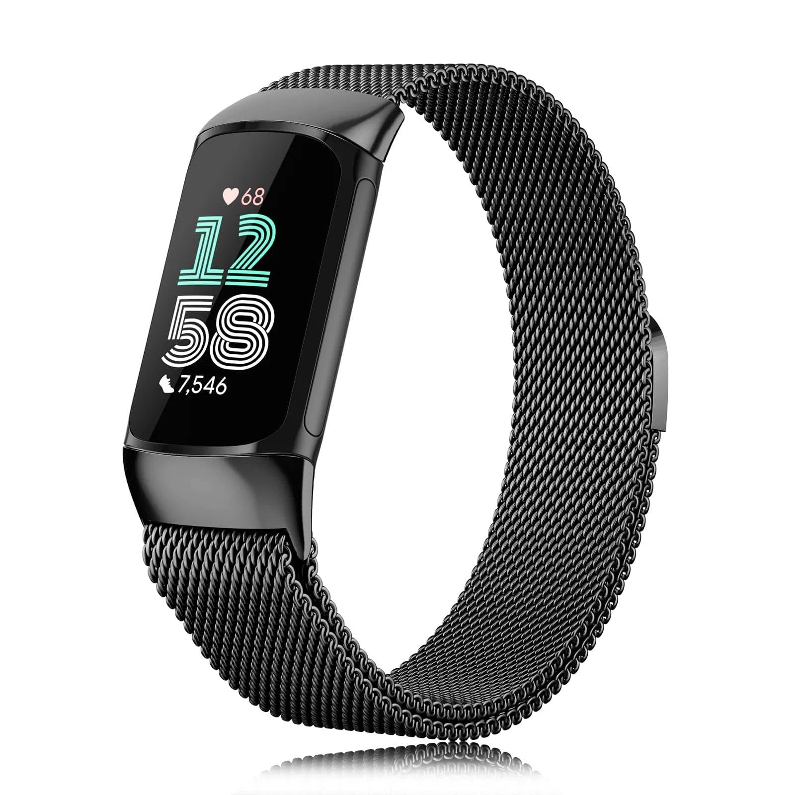 TUV PLNT Compatible with Fitbit Charge 6 Strap Women & Men, Magnetic Clasp Adjustable Metal Bands for Fitbit Charge 5 Strap (Black)