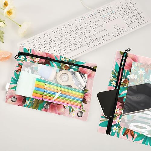 Miniatura 3 de Aloha Hawaii - Estuche para lápices de 3 anillas, bolsillo transparente para ventana, con cremallera suave, hojas florales tropicales, estuche para