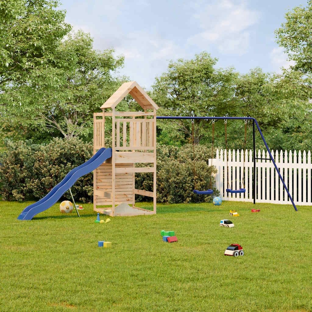 Torre da gioco in legno di pino massiccio con altalena, scivolo ondulato, sabbiera e struttura da arrampicata, casetta da gioco per bambini in giardino, costruzione stabile per avventure e