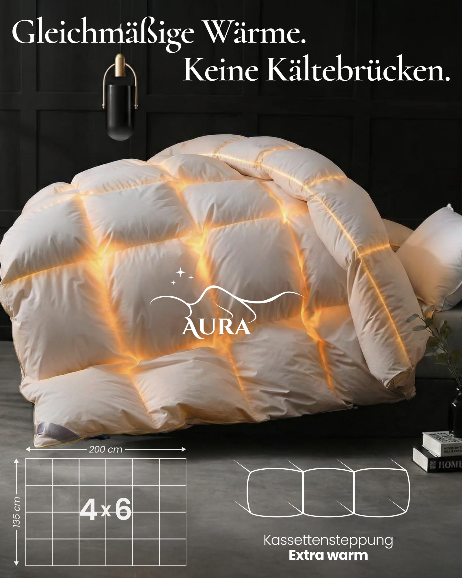 Aura® Luxus Daunendecke 135x200 cm extra warm | Deluxe 100% ungarische Gänsedaunen Klasse I | Oeko-TEX® Standard 100 | Allergikergeeignet Winter Bettdecke