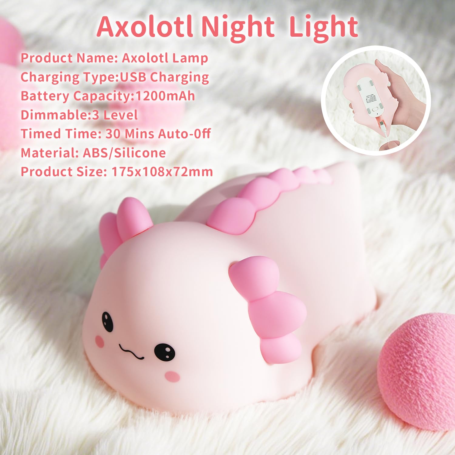 Axolotl Silikon-Nachtlicht für Kinderzimmer, dimmbar, LED-Tierlampe mit Timer, niedliche Geschenke, wiederaufladbare Schlafzimmer-Nachttischlampe mit Touch-Sensor, Spielzeug für Kinder