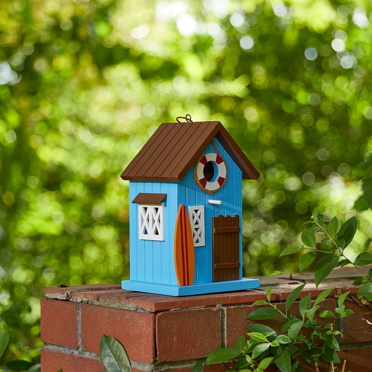 Glitzhome Bird Houses for Outside,10" H Modern Solid Wood Hand Painted Hanging Bird House Beach Hut Decorative Pet Cottage Outdoor Garden Birdhouse for Finch Bluebird Cardinals,Blue