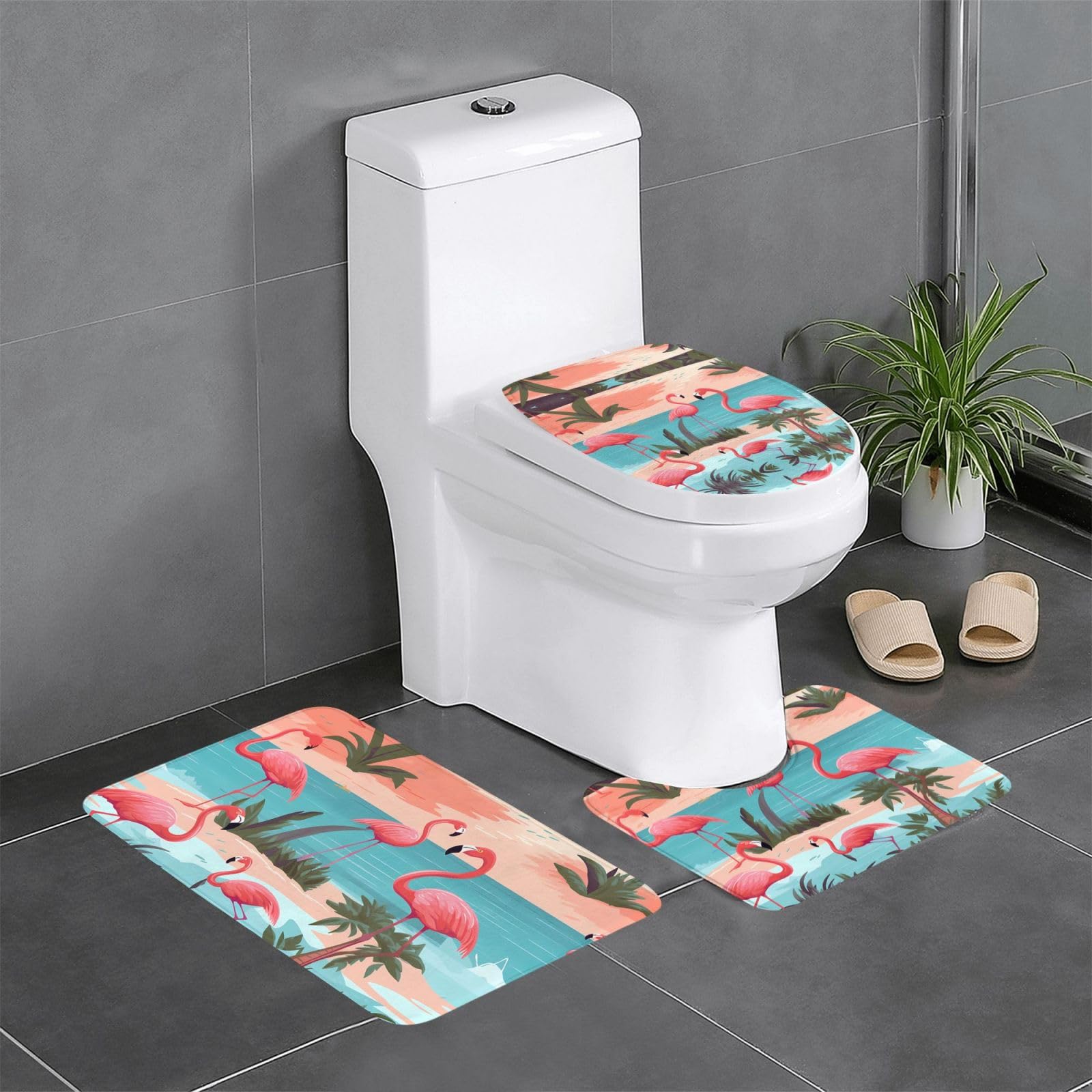 Tapis de salle de bain antidérapants lot de 3 rose avec contour pour toilettes