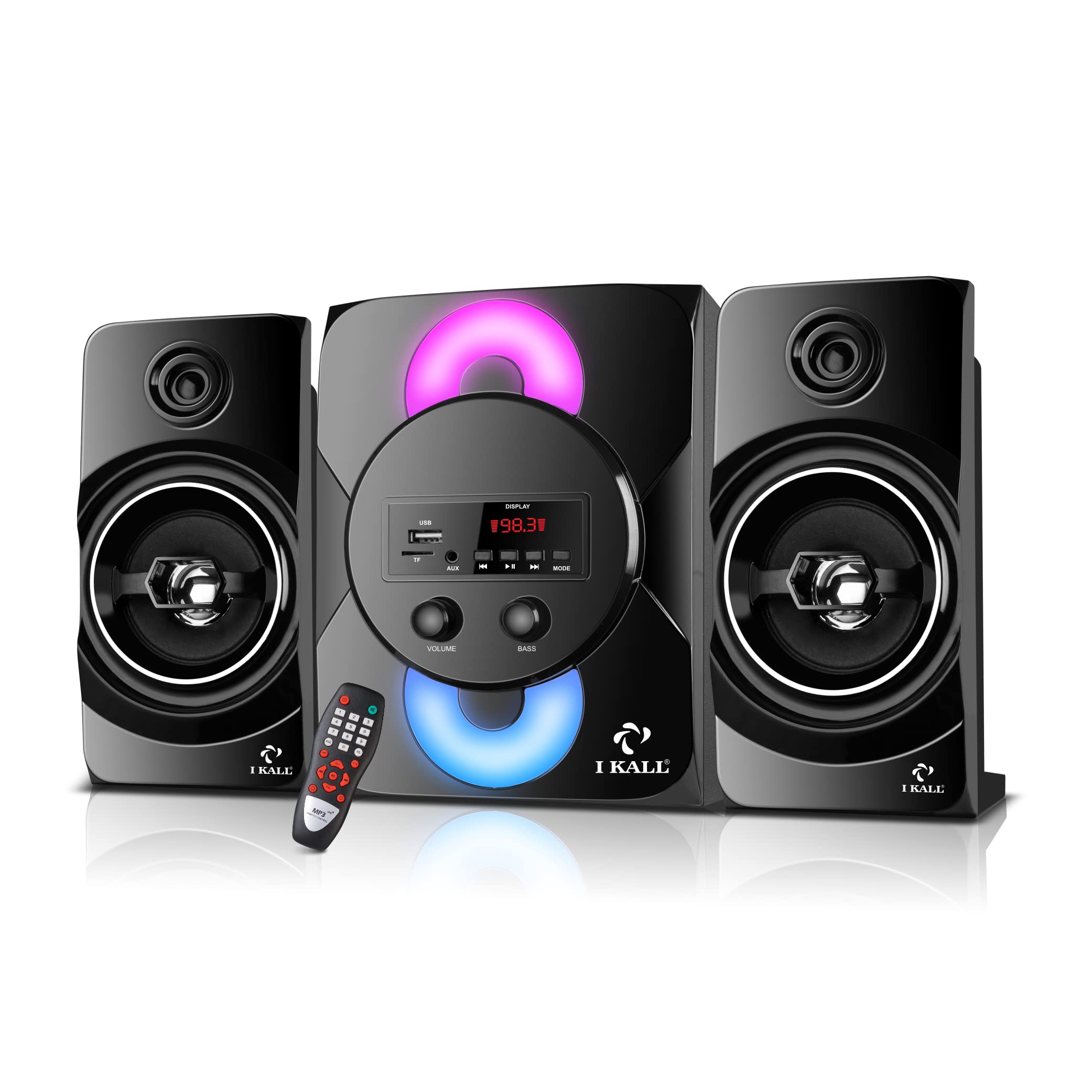 IKALL IK51 40W 2.1 Home Audio System - Deep Bass, Remote Control, LED Lights, USB Slot, and FM Radio (Black)