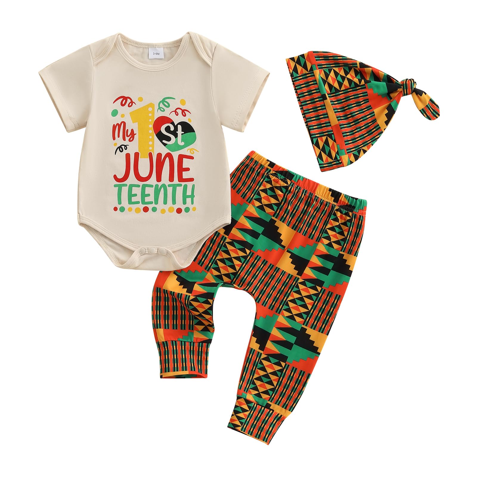 Omkzanbi My First Juneteenth Baby Boy Outfit Retro Bodysuit African Pants Hat Freedom Day Cute 3Pcs Newborn Summer Clothes