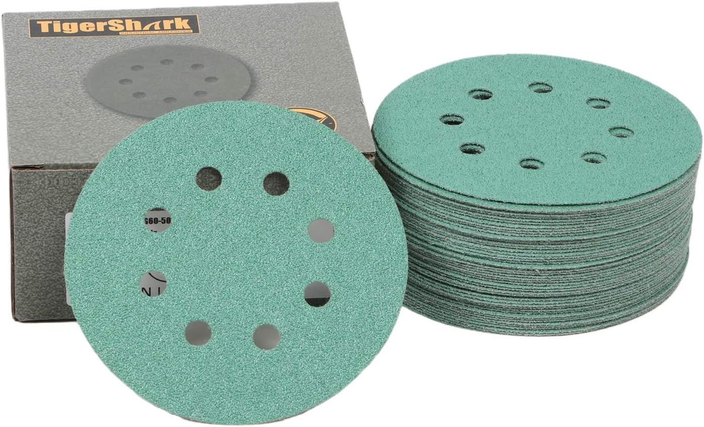 TigerShark 5 Inch Sanding Discs 8 Hole Wet Dry Grit 60 50pcs Pack Special Anti Clog Coating Film Green Line Hook and Loop Dustless Random Orbital Sander Paper