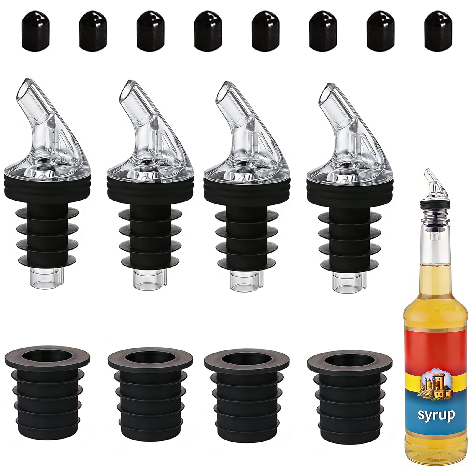 Photo 1 of Pour Spout for Torani Sugar-Free Syrup 25.4 Fl Oz Bottle?Pourers for Large small Torani Sugar-Free Syrup?Leak-Proof,4-piece Large small + 8 Black Lid Caps (Black, 4)