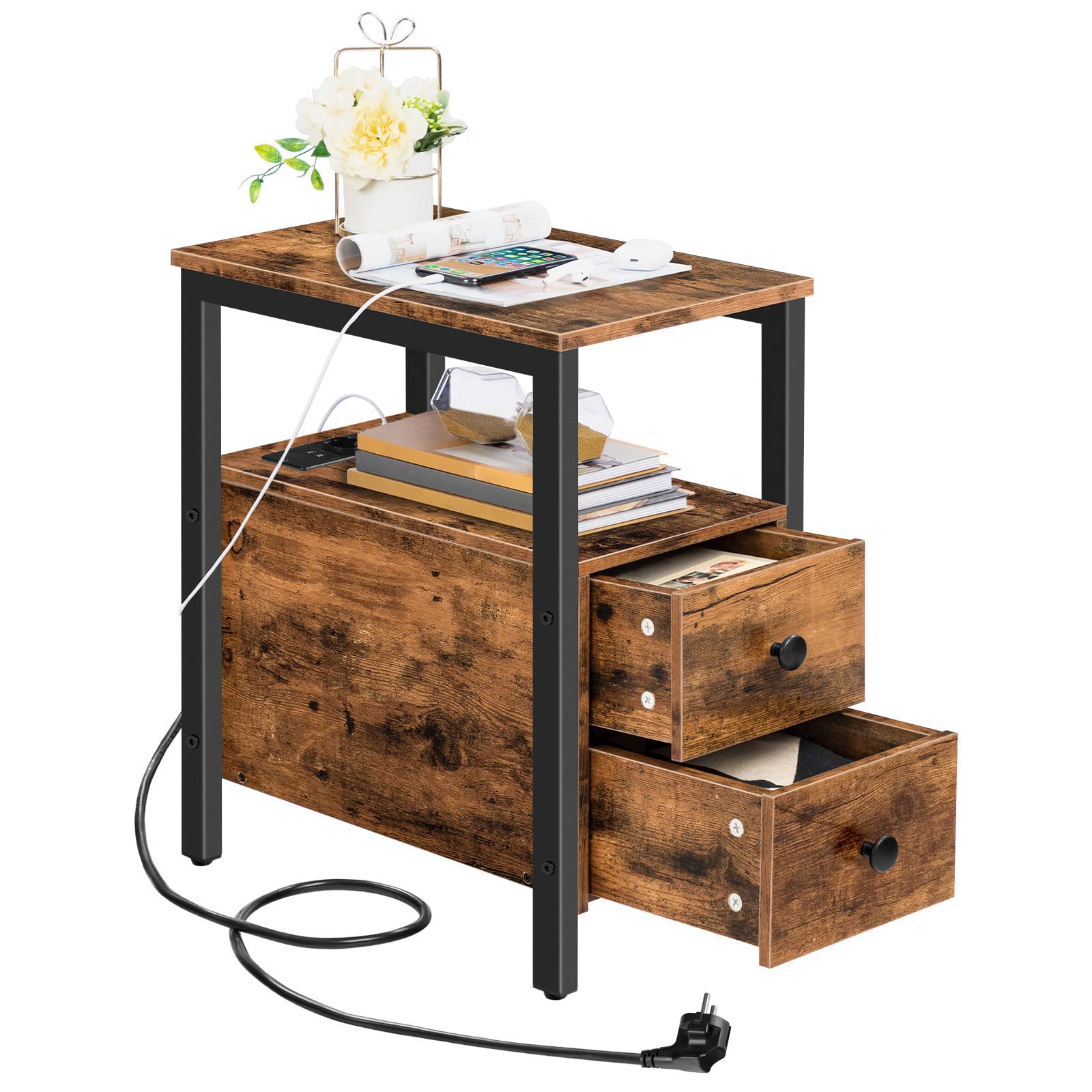 HOOBRO Beistelltisch mit Ladestation, Sofatisch mit 2 Schubladen und USB-Anschluss und Steckdose, Nachttisch für kleine Räume, Stabil und Robust, für Wohnzimmer, Schlafzimmer, Dunkelbraun EBF542BZ01