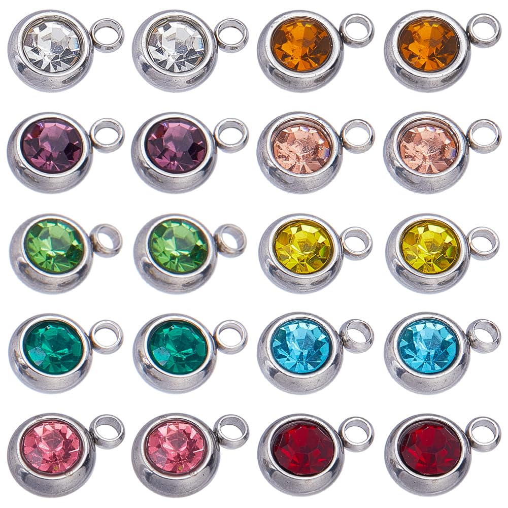 SUNNYCLUE Box 40Pcs 10 Colors Stainless Steel Rhinestone Charms Bulk  Crystal Charm Round Beads Mini Small Birthstone Pendants for Jewelry Making