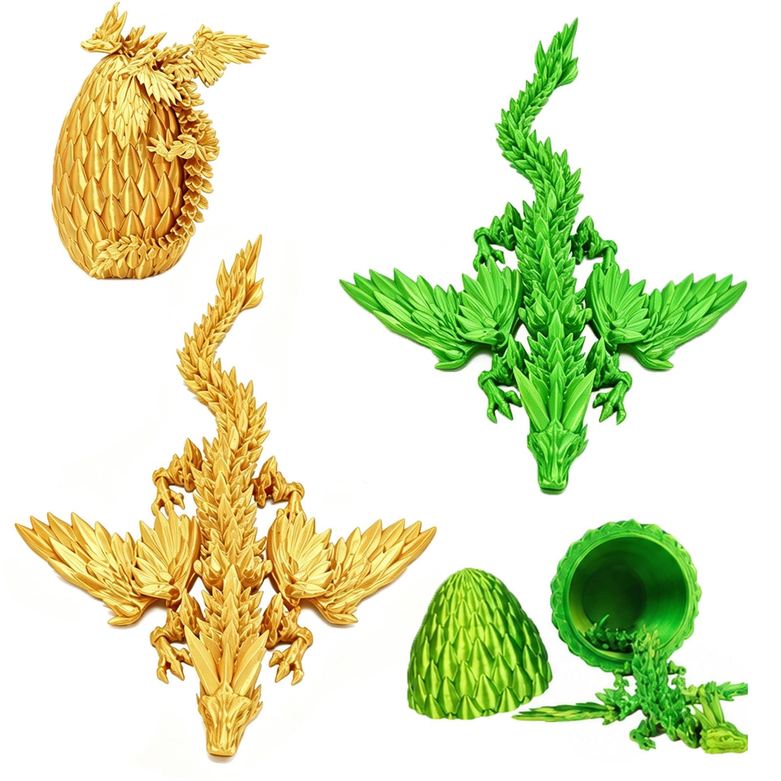 LTTNPY 2 PCS 3D Printed Dragon and Dragon Egg Set, Fantasy Creature Collectible for Desk Decoration and Gift Giving, Articulated Golden and Green Dragon Figurines with Display Base