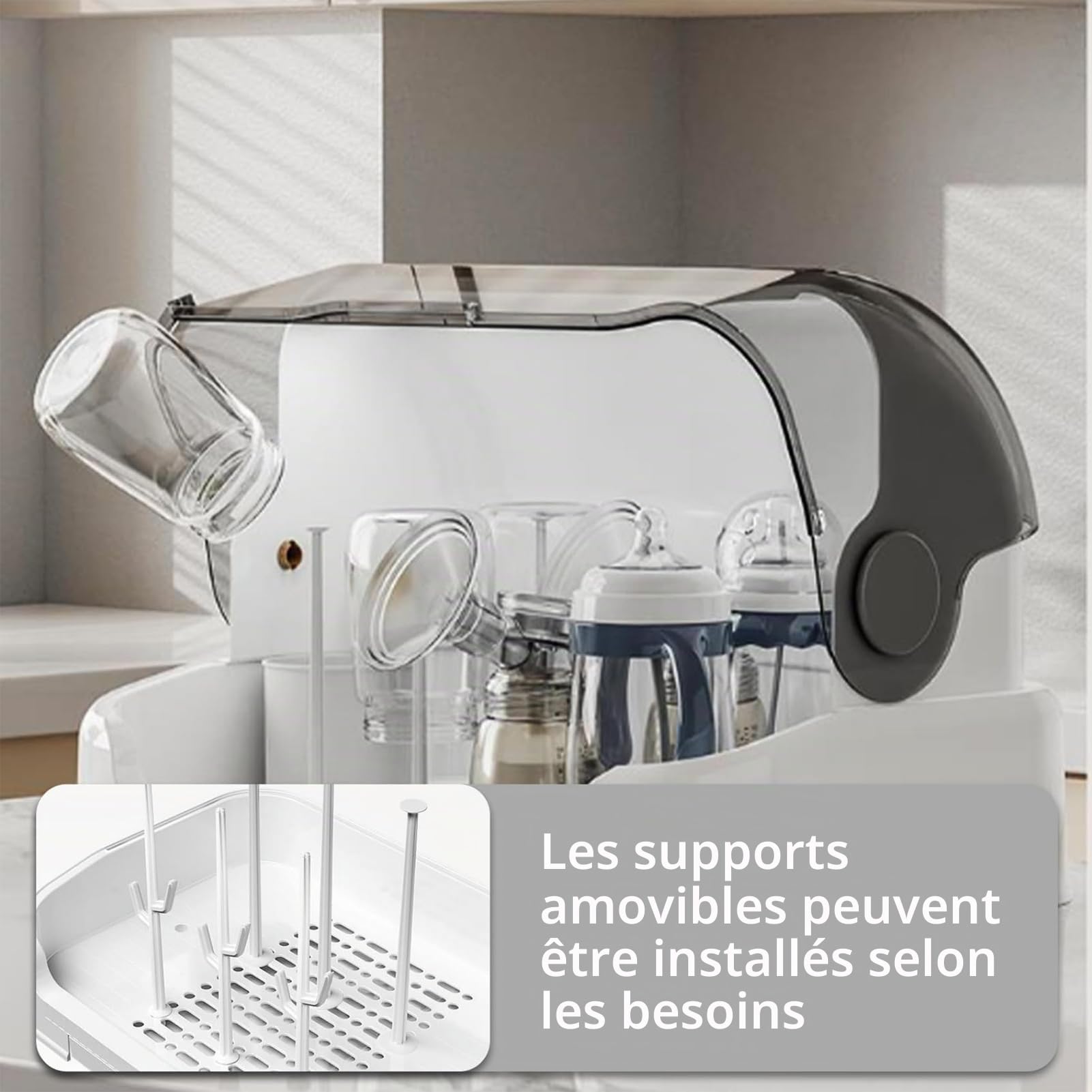 Egouttoir Biberon Bebe avec Couvercle Anti-poussière, 31,5x25,5x25cm Grande Capacité Boîte de Rangement pour Biberon avec Bac À Eau Amovible, Porte-biberon Etendoir À Biberons, Tétines, Tasses