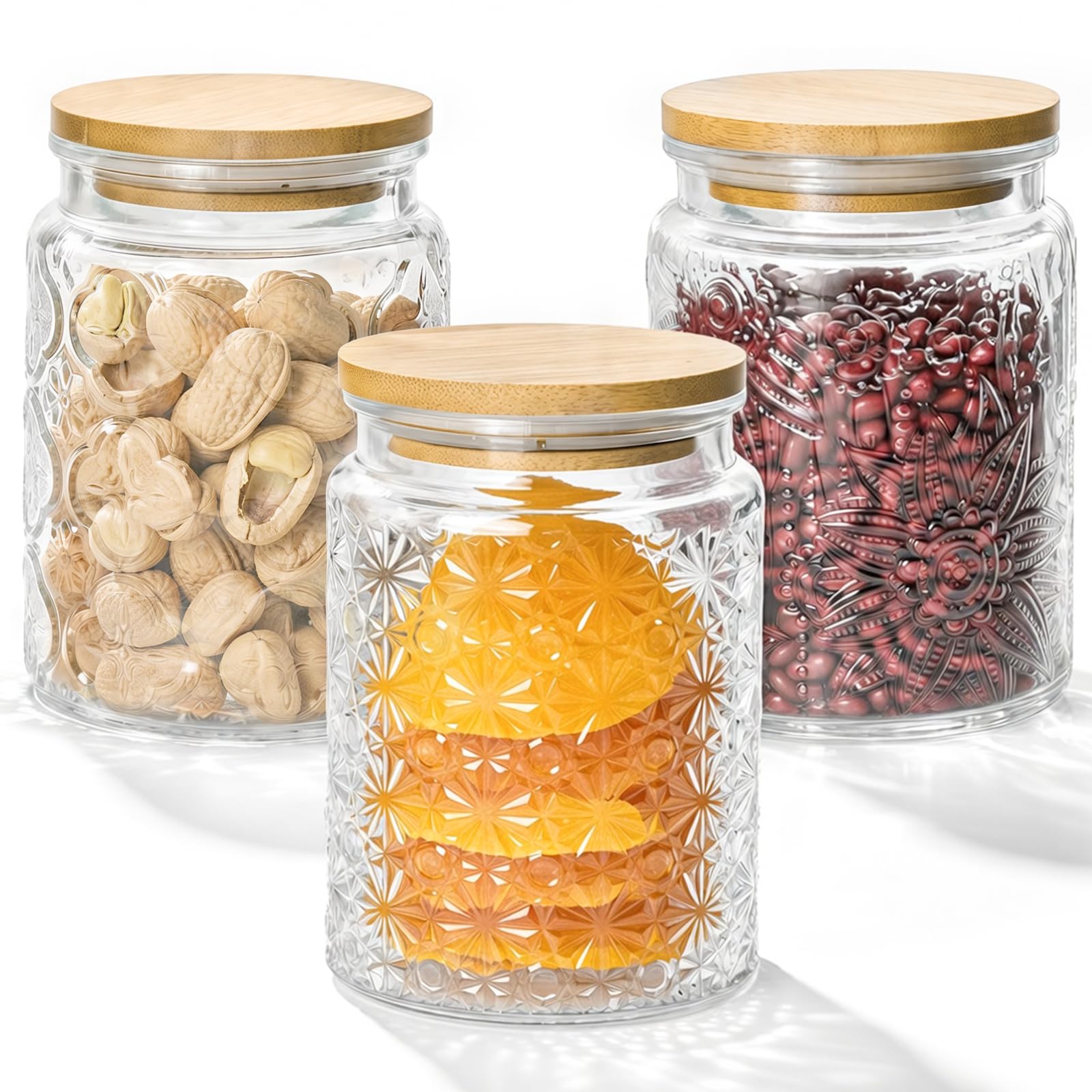 Tel Charme * 3-Pack 700ml Glass Jars with Bamboo Lids, Airtight Vintage Glass Storage Canisters for Kitchen Pantry Coffee Sugar Tea Flour Snacks (Transparent)
