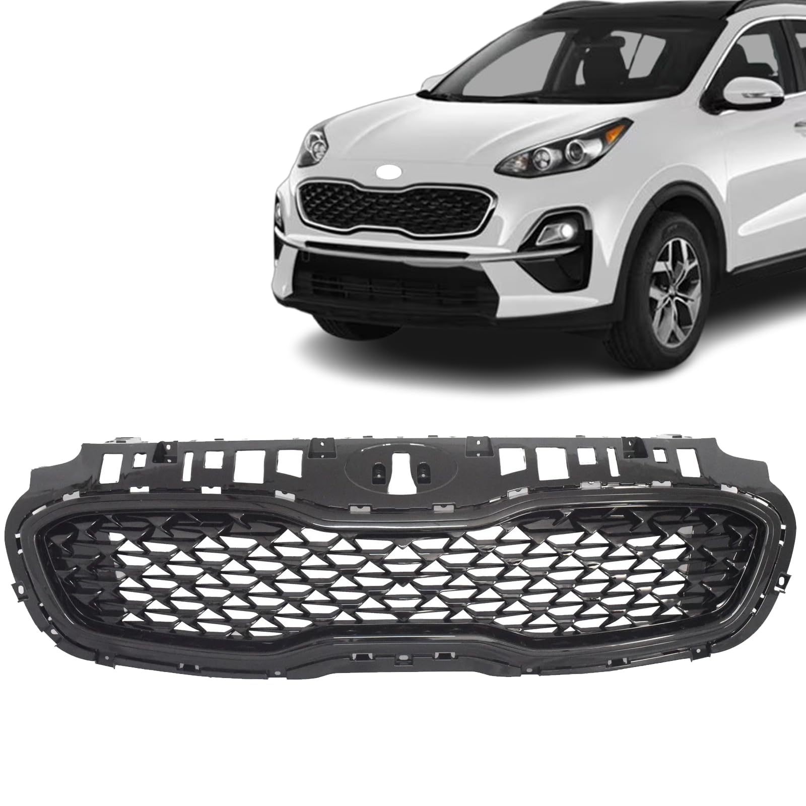 JX RACING Front Upper Grille Compatible with 2020 2021 2022 Kia Sportage Nightfall Bumper Grill Assembly Gloss Black Replacement for 86350D9610 KI1200217 KI1200217C