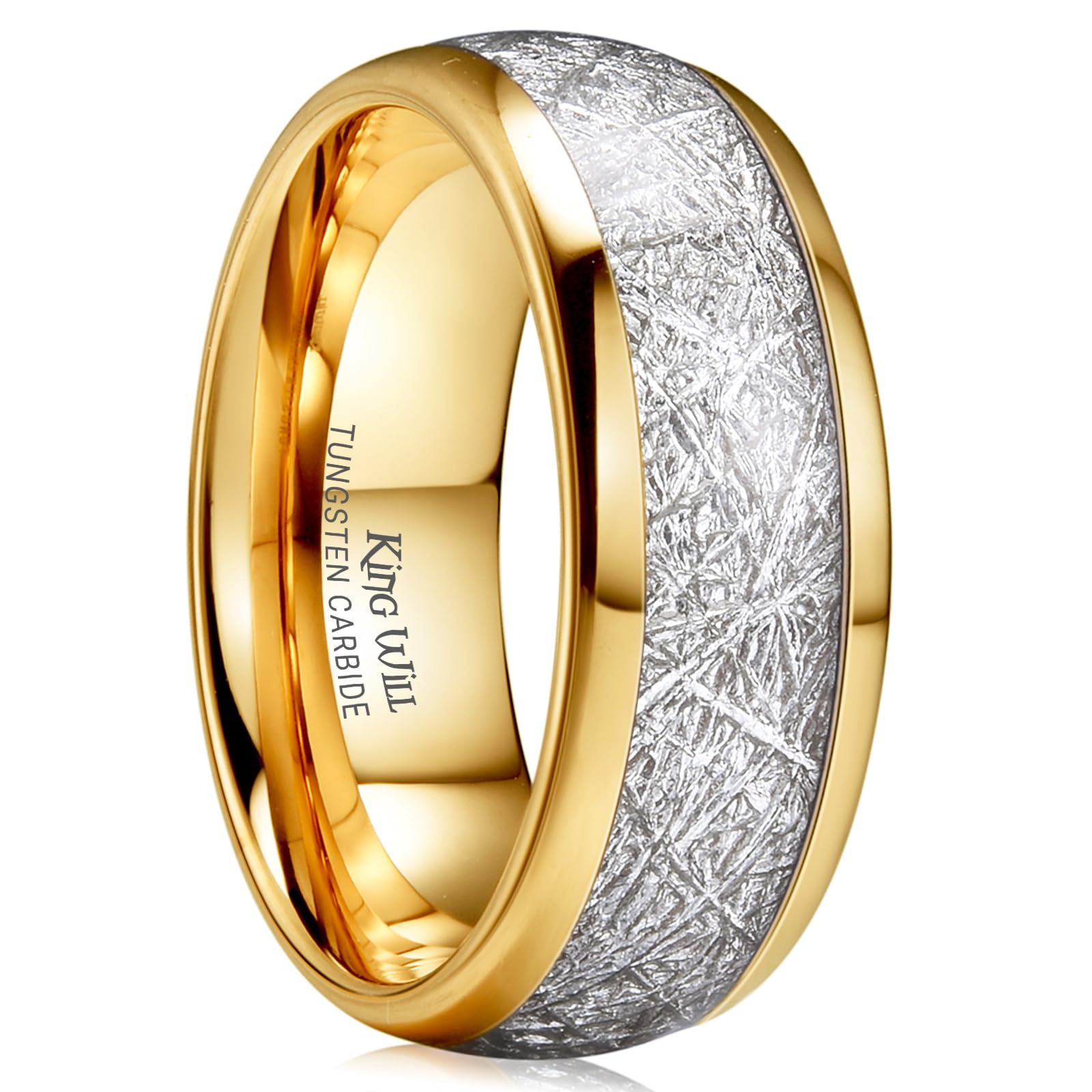 King Will Tungsten Rings for Men Meteorite Carbon Fiber Wood Inlay Mens Wedding Engagement Band Domed Polished