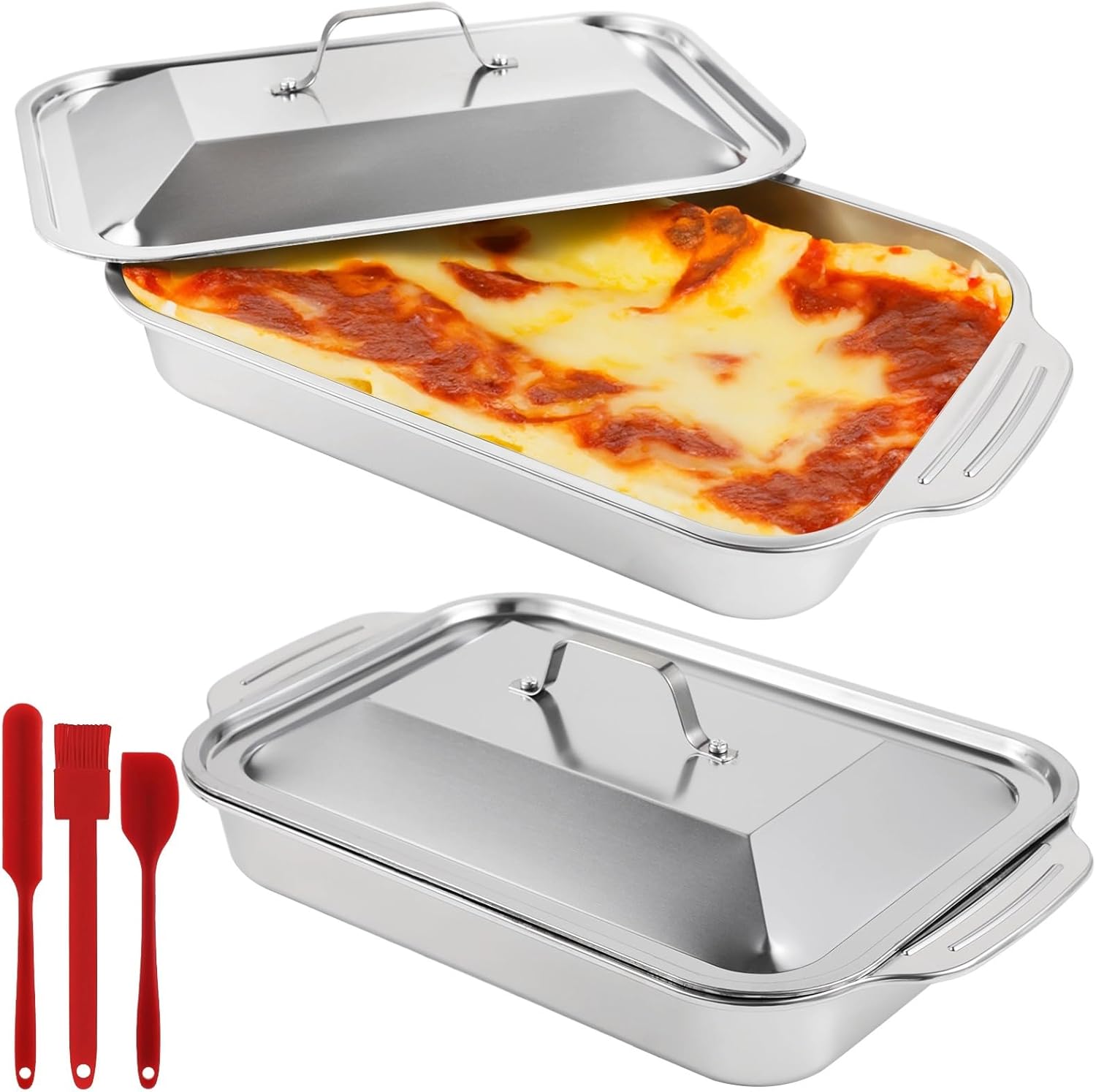 2 Pcs Lasagna Baking Pan, Stainless Steel with Lid, Spatula & Brush, Rectangle Roasting Dish, Bakeware Set, Oven & Dishwasher Safe
