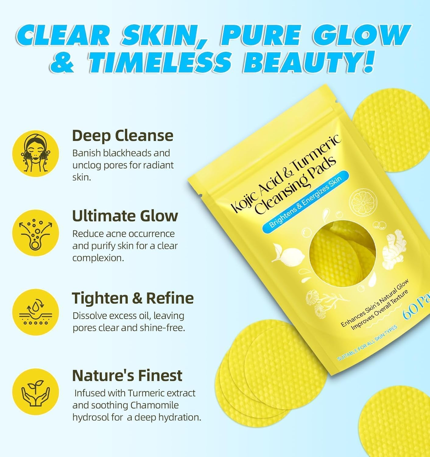 CEPLO Turmeric & Kojic Acid Face Cleansing Foaming Exfoliating Pads for Dark Spots, Skin Brightening & Acne – With Vitamin C, Retinol & Chamomile – Makeup Remover for All Skin Types ((2 Pack (120 Pads)) 3