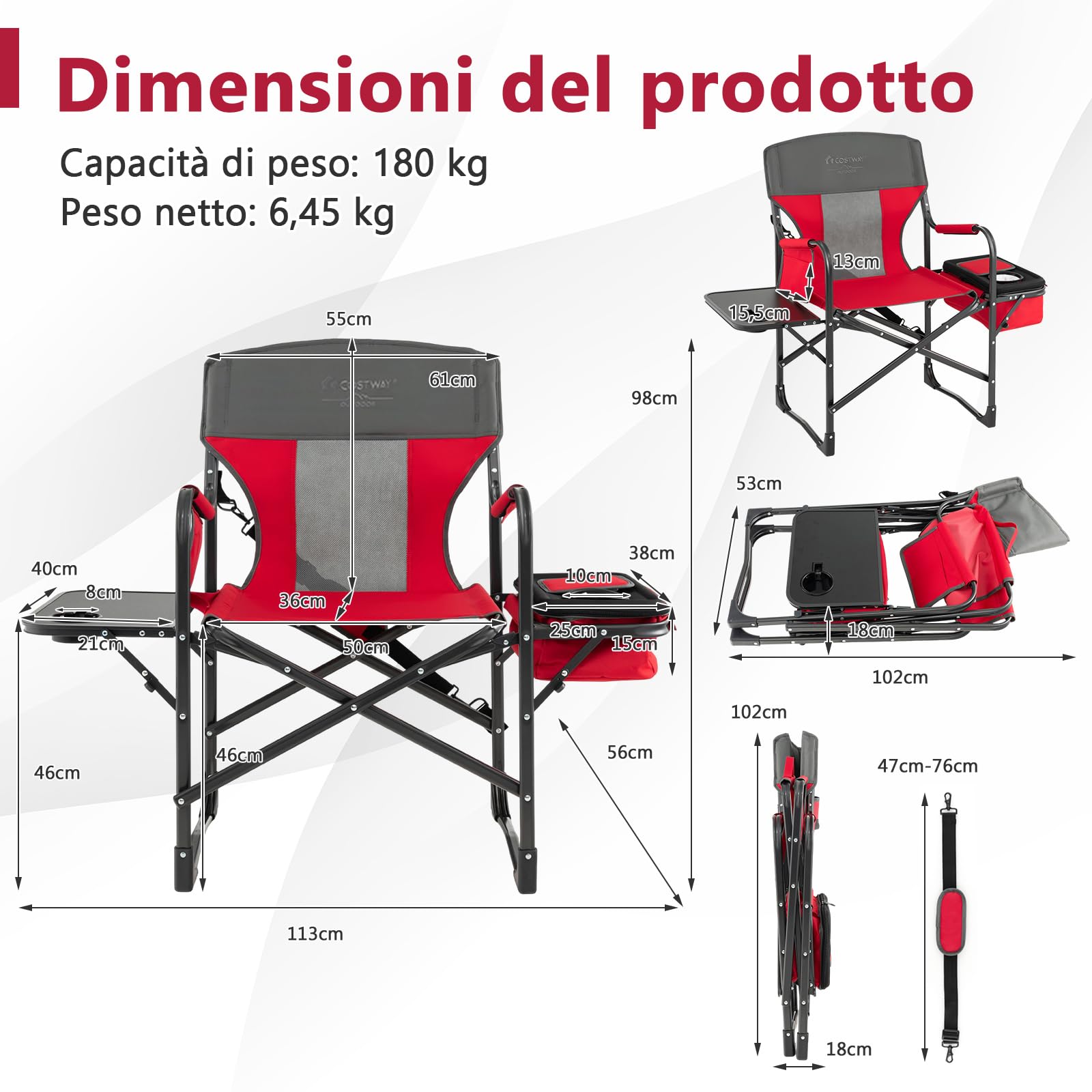 COSTWAY Sedia da Campeggio Pieghevole, Sedia da Regista Robusta con Tavolino, Borsa Frigo, Borsa Portaoggetti e Cinghia, Portata 180 kg, per Campeggio Escursione Pesca Picnic (Rosso)