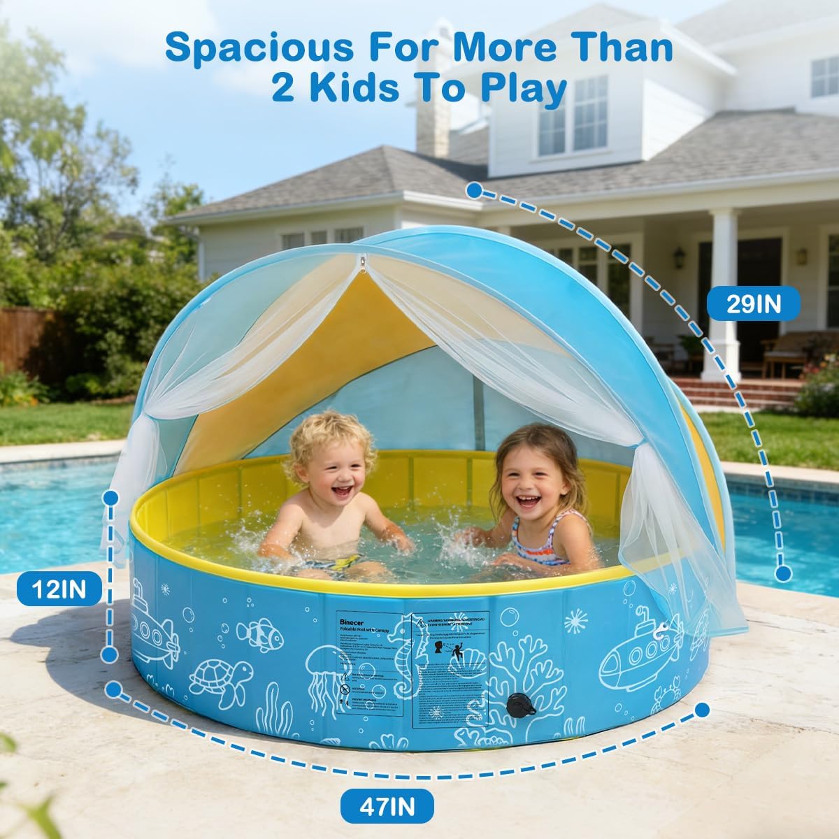Foldable Kiddie Pool with Canopy, 47IN Portable Hard Plastic Kids Baby Swimming Pool, Sunshade & Non-Slip Beach Tent for Kids Ages 2-6, Outdoor Backyard Graden Water Play