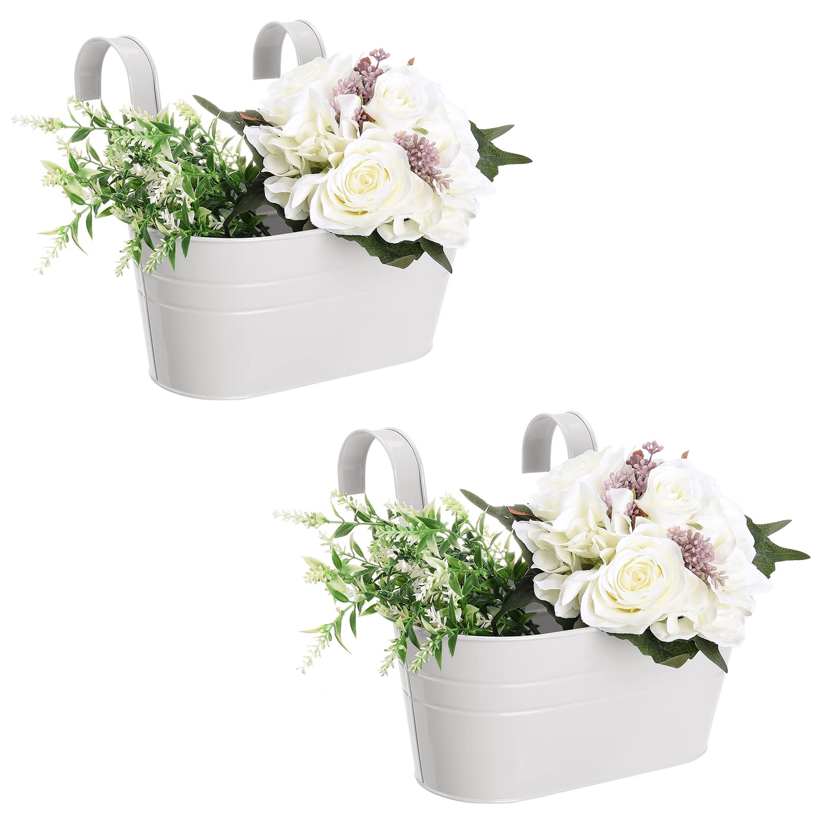 Pumpumly 2Pcs White 2Pcs Metal Hanging Flower Pots - Railing Planter Balcony Planters For Railing,Over Fence Planters With Double Detachable Hooks Wall Hanging Planter For Garden Home Decoration