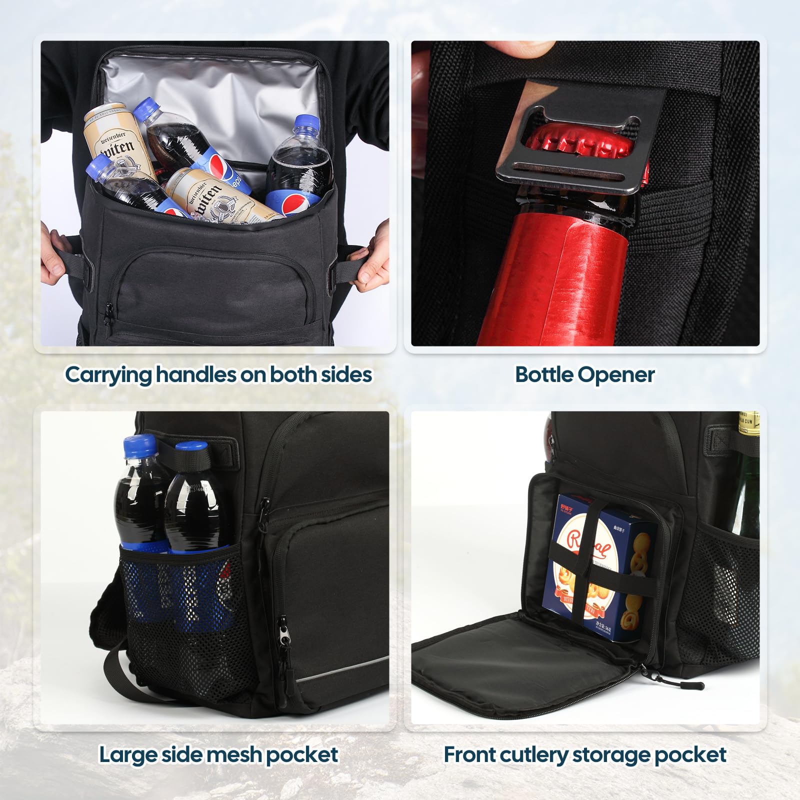 DEWUR Kühlrücksack 20L Thermo Rücksack Kühltasche Wasserdichter Picknickrücksack mit Flaschenöffner für Picknick Camping Strand Wandern Reisen Einkaufen (Schwarz)