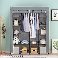 Vista 119 de 67" Portable Wardrobe Closet, Wardrobe Closet for Hanging Clothes with 2 Hanging Rods, 12 Clothes Storage Organizer Shelves, Non-Woven Fabric Grey