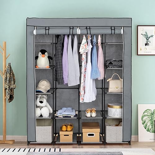 Vista 119 de 67" Portable Wardrobe Closet, Wardrobe Closet for Hanging Clothes with 2 Hanging Rods, 12 Clothes Storage Organizer Shelves, Non-Woven Fabric Grey