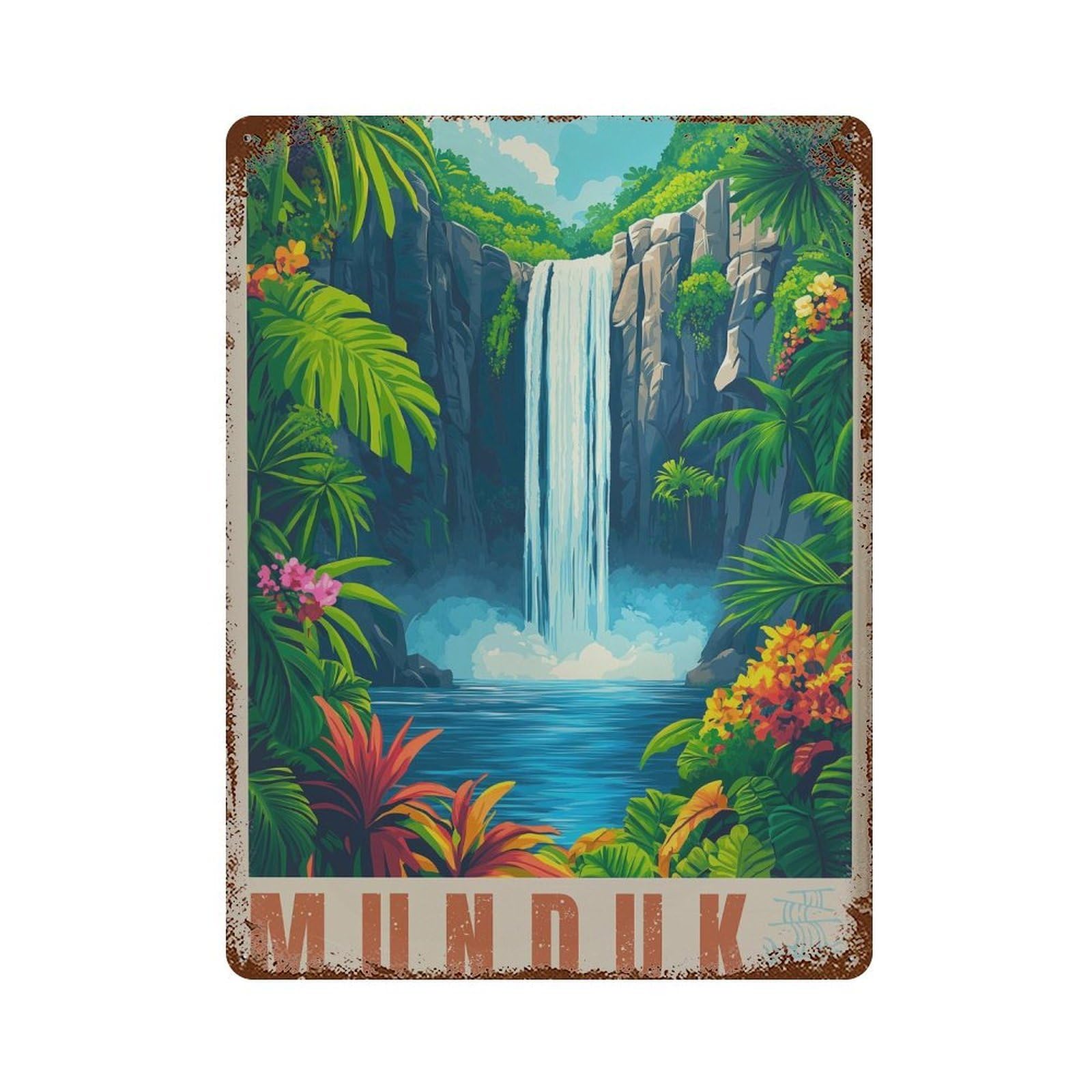 xiaoxiaoshen Munduk Bali Waterfall Tropical Jungle Travel Wall Decor Art Metal Tin Poster Modern Home Decor Art Home Bar Shop Decorations Vintage Sign 40x30cm