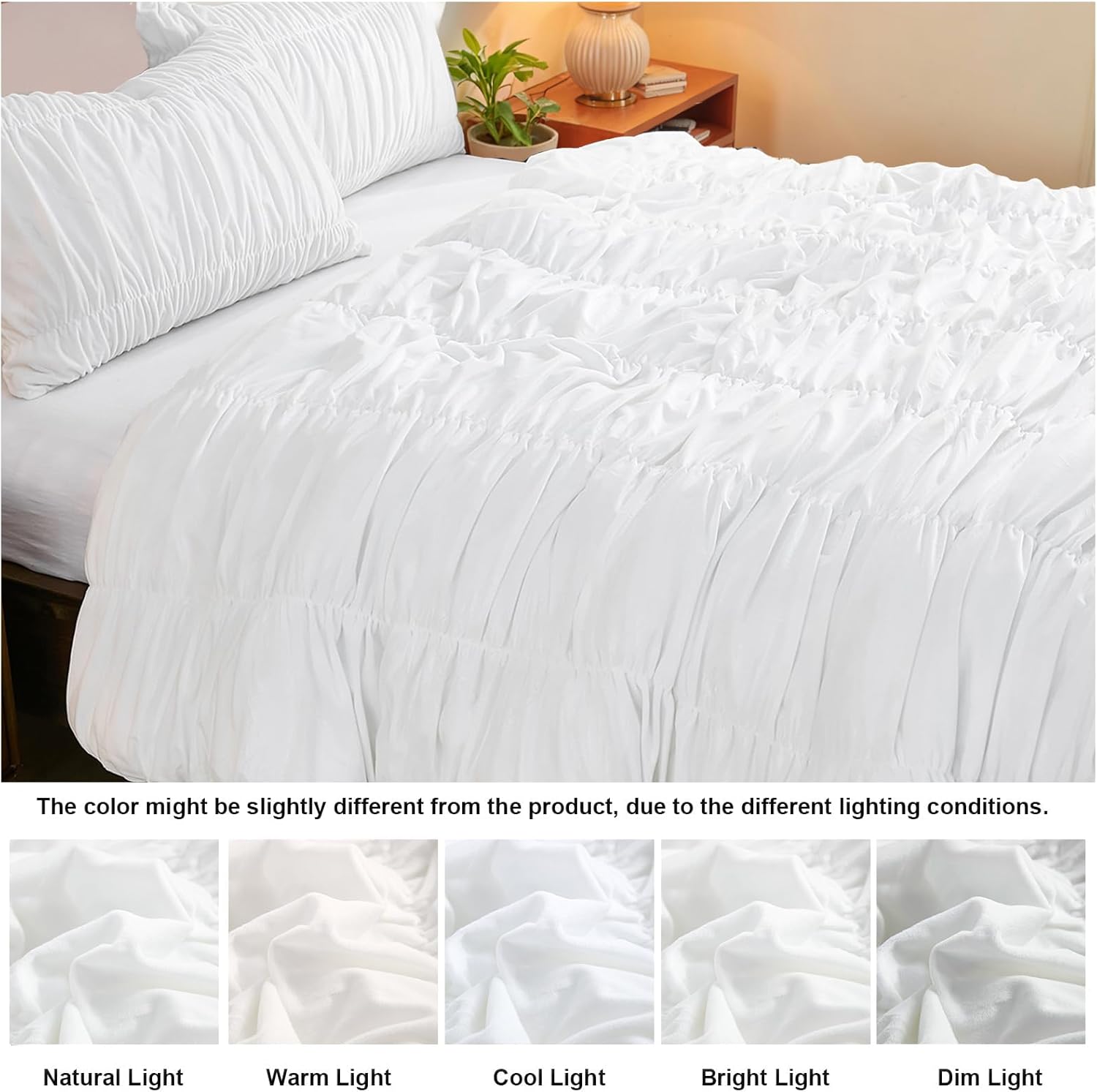 Bedbay Velvet Wrinkled Comforter Set Queen Size,White Ruched Bedding 3 Pcs,Aesthetic Boho Bedding Comforter,Luxury Velvet Ruffled Queen Bedding Sets,Shabby Chic Ruffle Fluffy Comforter Bed Set - Image 7