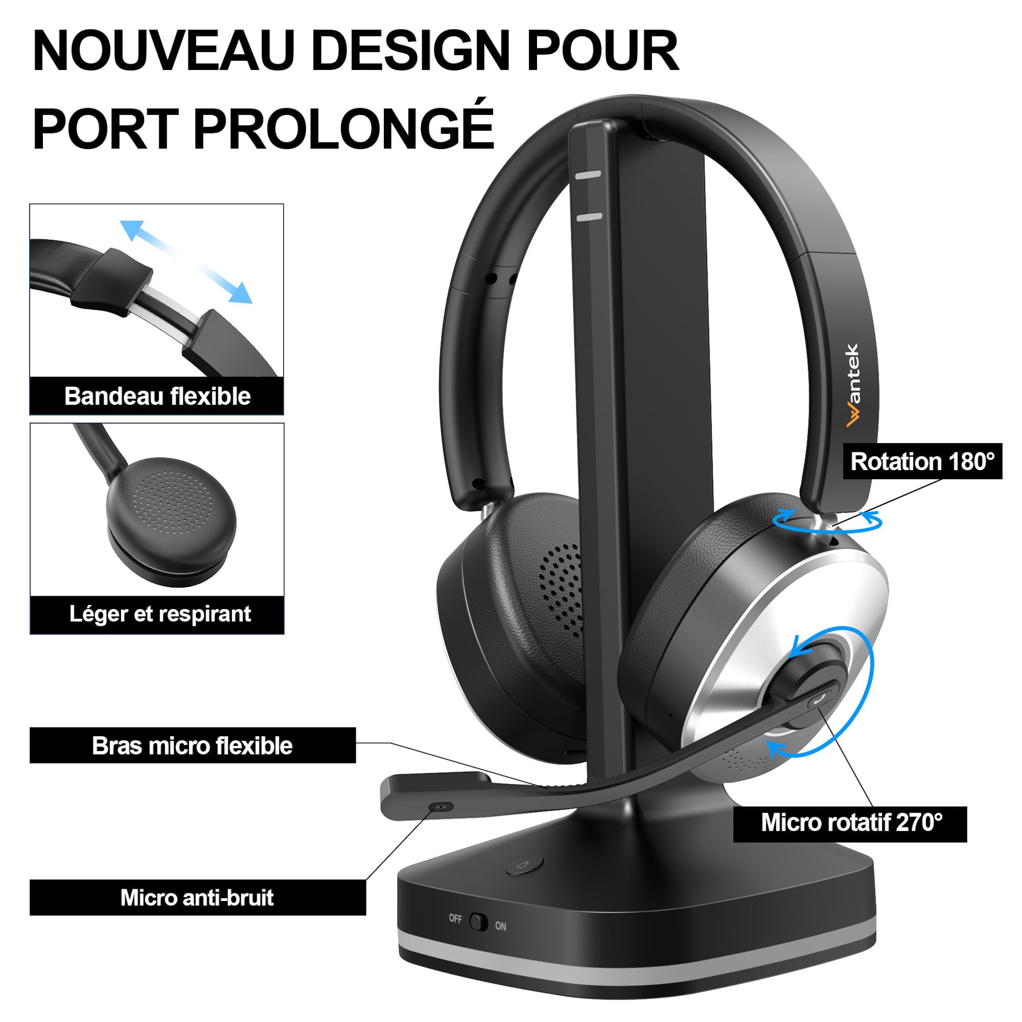 Wantek Casque Bluetooth sans Fil avec Micro,Casque sans Fil avec Dongle USB,Station de Charge,Bouton de sourdine pour PC,Ordinateur Portable,Bureau,d'appel équipes,Visioconférence