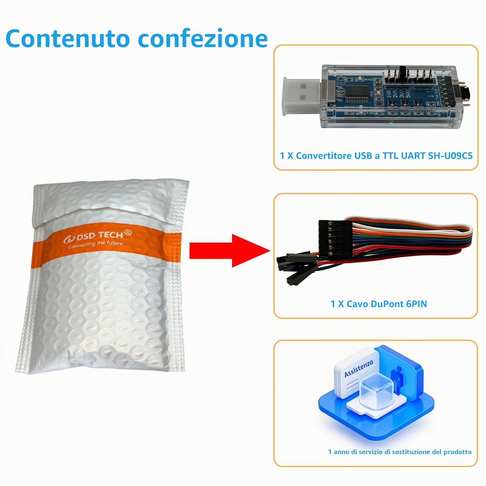 DSD TECH SH-U09C5 Cavo convertitore UART da USB a TTL con supporto per chip FTDI 5V 3.3V 2.5V 1.8V 1.8L TTL