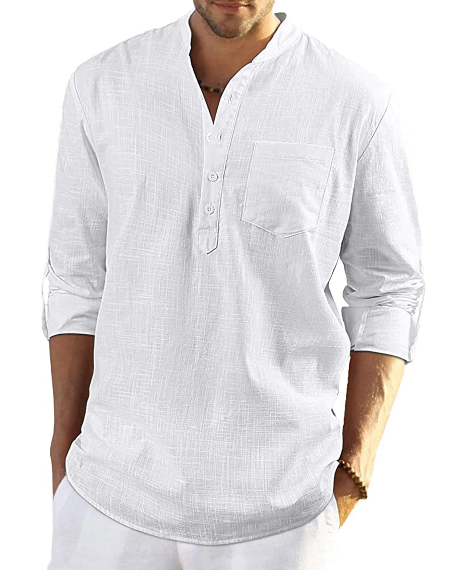 YAOBAOLE Chemise Lin Homme Manches Longues Chemisette Décontractée Homme Col Mao Chemise Eté Leger de Plage