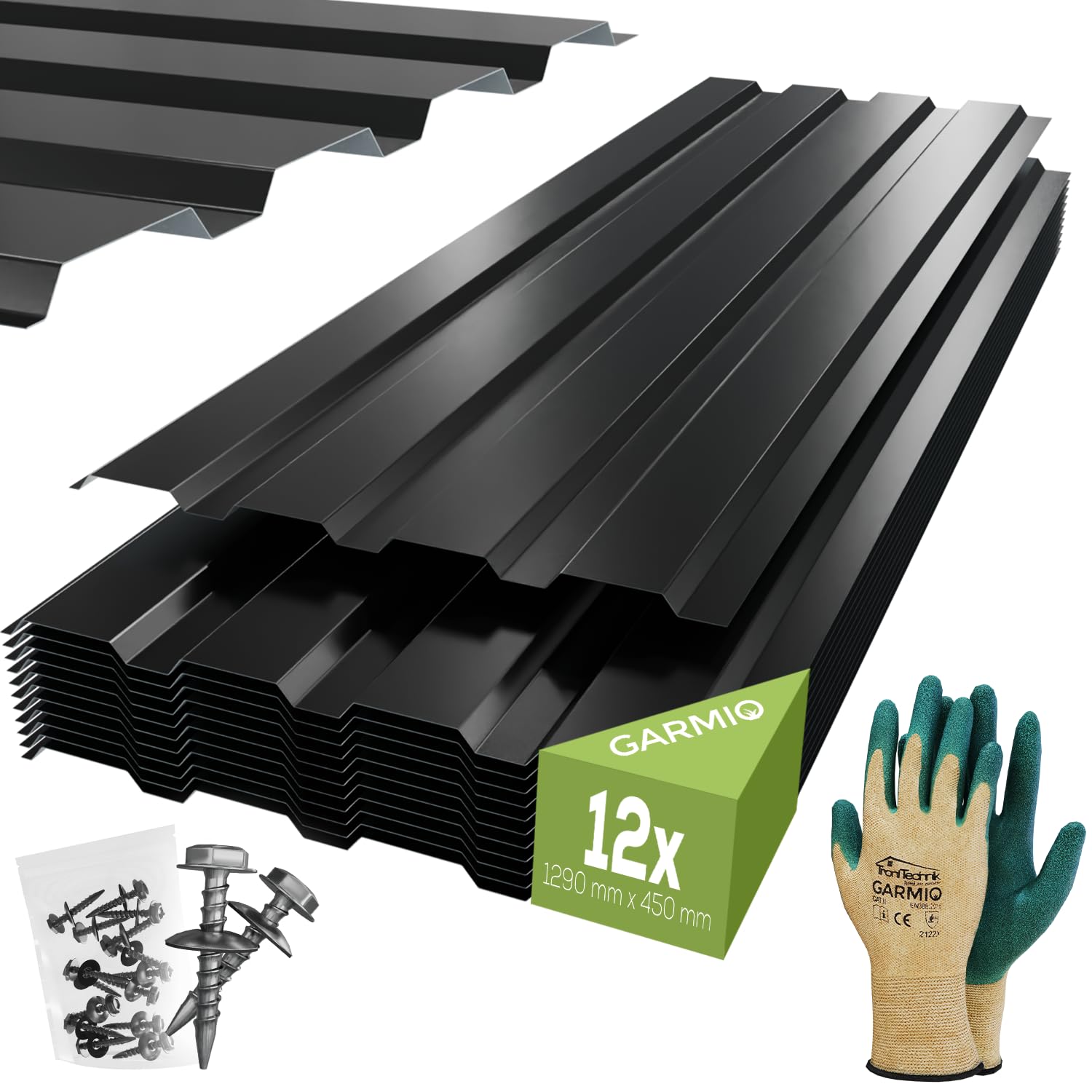 GARMIO® Profilblech Amalfi 129x45 cm Trapezblech Set mit 12 Stück, 7 m² Dachblech inkl. Schrauben, verzinkter Stahl schwarz