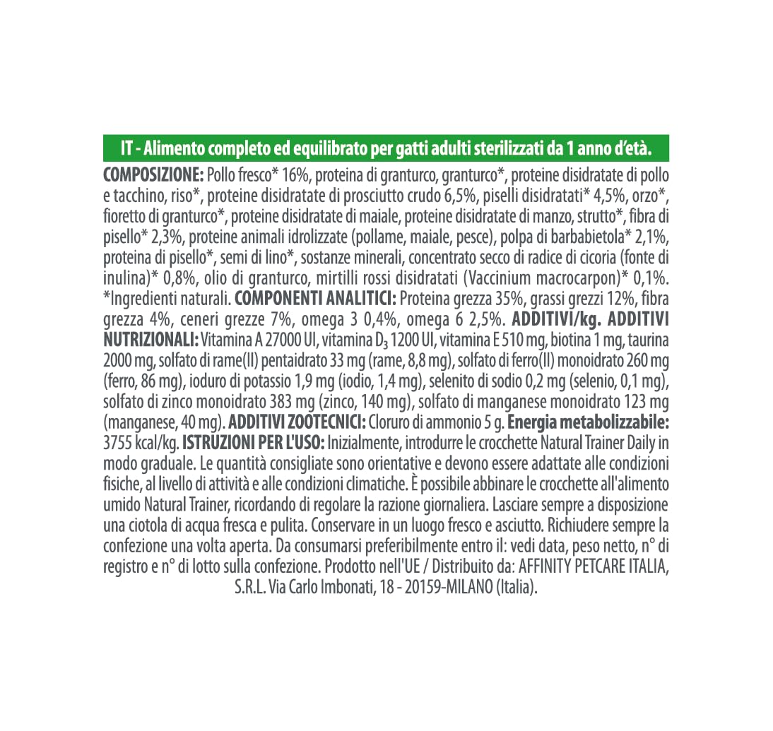 Trainer Natural Sterilised Adult con Prosciutto Crudo e Fibra di Pisello 10 Kg, 10000 Gr