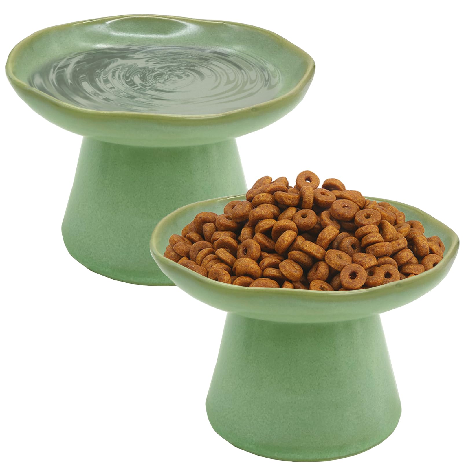 VCEPJH Elevated Shallow Cat Bowls 6.1in Ceramic Cat Food Plate Pack of 2 Raised Cats Dish Flat Anti Whisker Fatigue Wide Pet Food & Water Feeder for Indoor Kitty Kitten (Green)