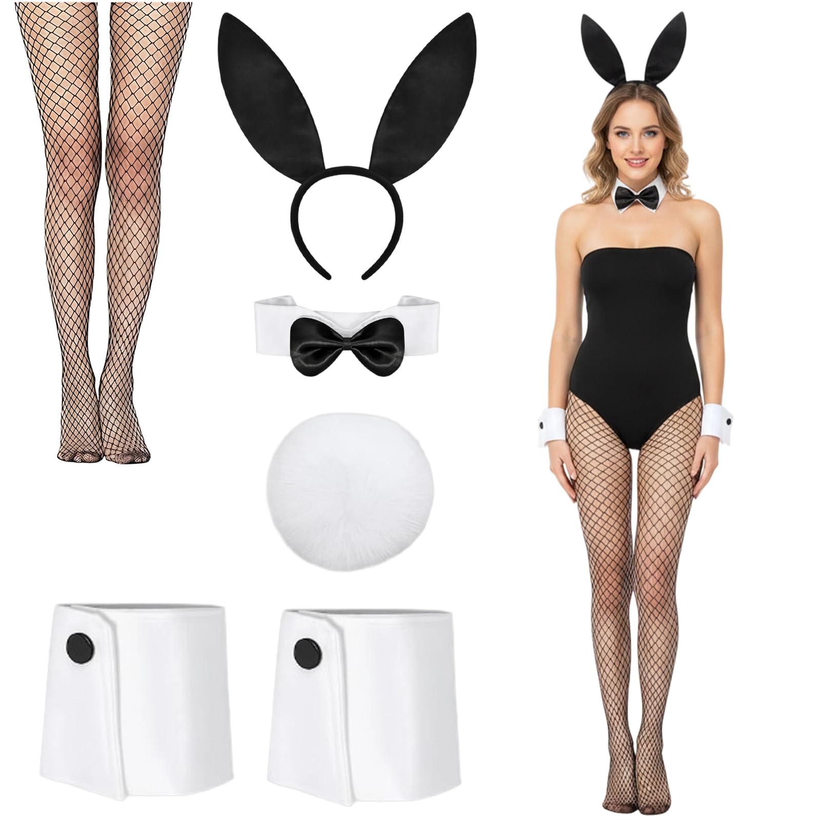 Bunny Costume Adult, 6 PCS Sexy Bunny Outfit Women with Headband Bow Tie Gloves Cuffs Tail Stockings, Halloween Costumes for Masquerades Carnival Easter Party for Adult Women