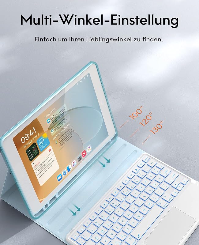 CHESONA iPad 9. generációs tok billentyűzettel, 7 szín LED, QWERTZ, kék