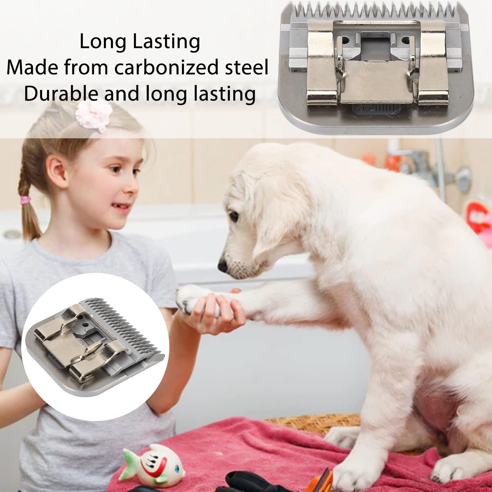 Cuchilla de esquilar para perros, tamaño 7F, 3,2 mm, hoja de esquilado de acero carbonizado extraíble con dientes profundos, cuchilla de esquilado para animales y cabeza intercambiable