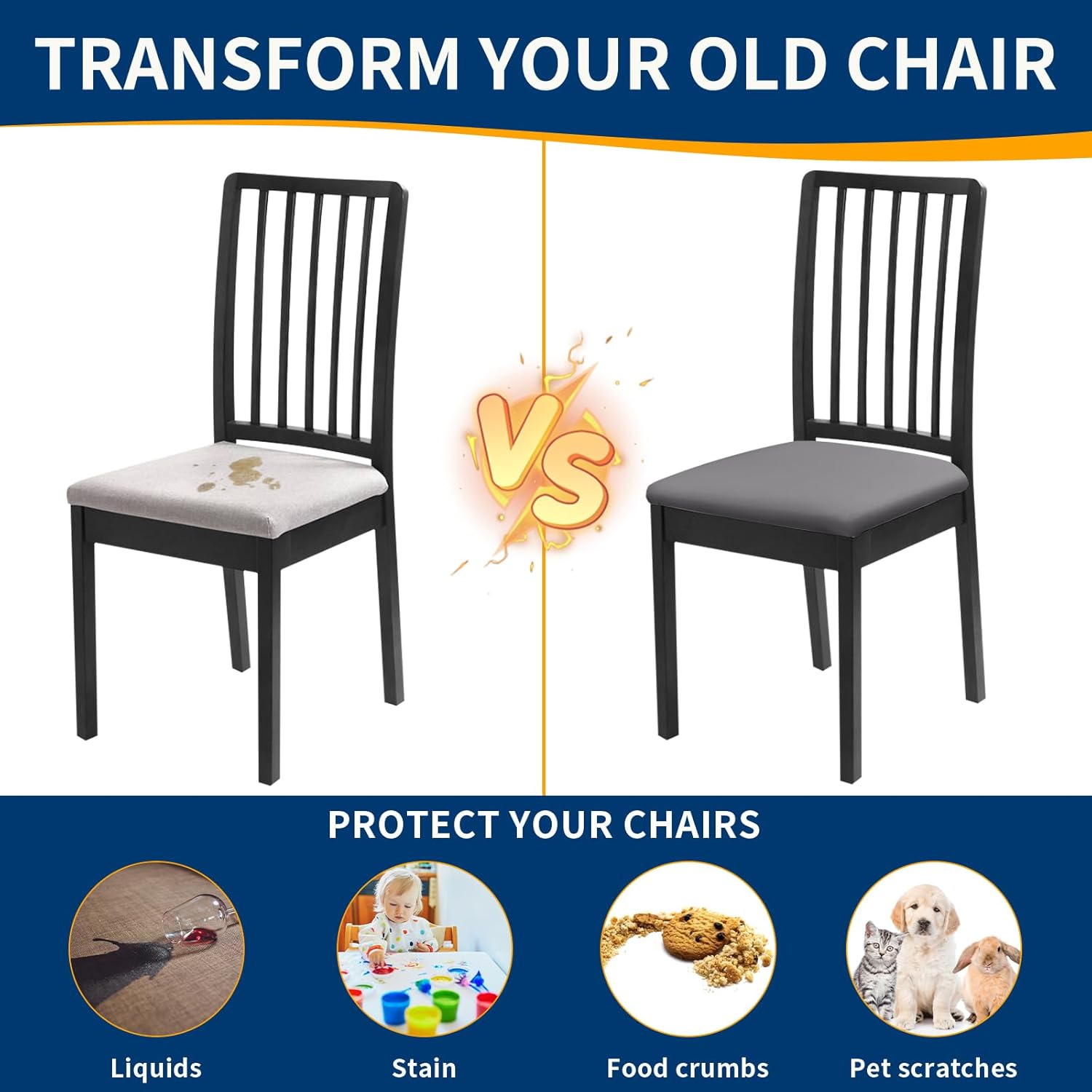 Waterproof Dining Chair Seat Covers Set of 8, Stretch Removable Dining Room Seat Covers for Dining Chairs, Kitchen, Hotel, Party