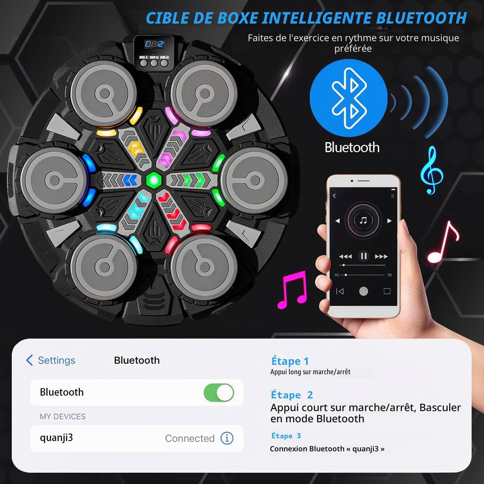 ROCKY&CHAO Music Boxing Machine de Boxe - Machine de Boxe Murale LED avec Musique et Bluetooth - Vitesse à Plusieurs Niveaux - Entraînement de réaction et d'entraînement de Boxe pour la Maison - avec