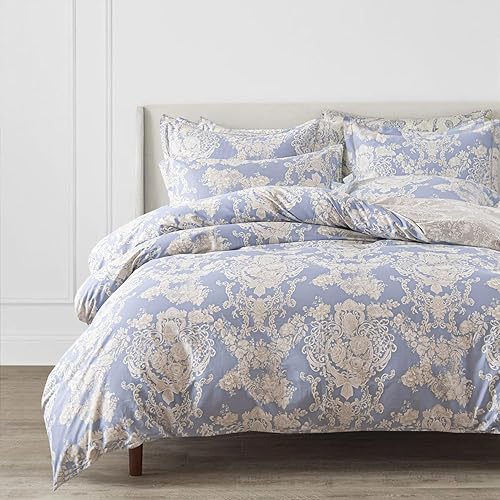 Miniatura 9 de Juego de funda de edredón floral de 3 piezas, 100% algodón natural, funda de edredón azul grisáceo con lujoso patrón de damasco beige, juego de