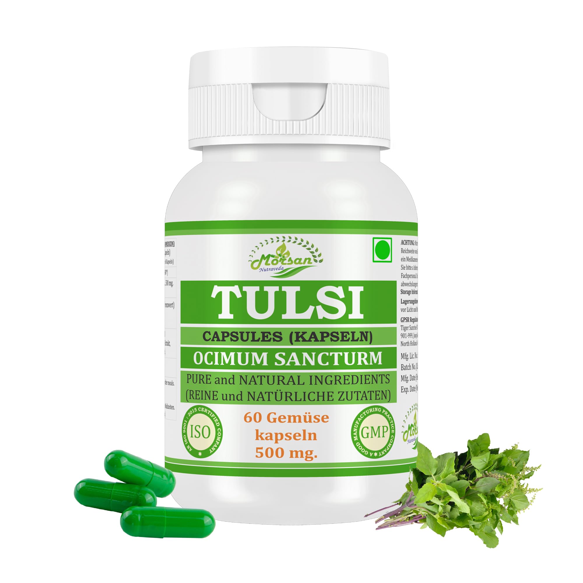 Tulsi (Ocimum sanctum, Basil) Extrakt mit 10:1 Stärke, 500 mg x 60 vegane Kapseln | Ayurvedisches Kräuterergänzungsmittel für Männer und Frauen (1 Flasche mit 60 Kapseln)