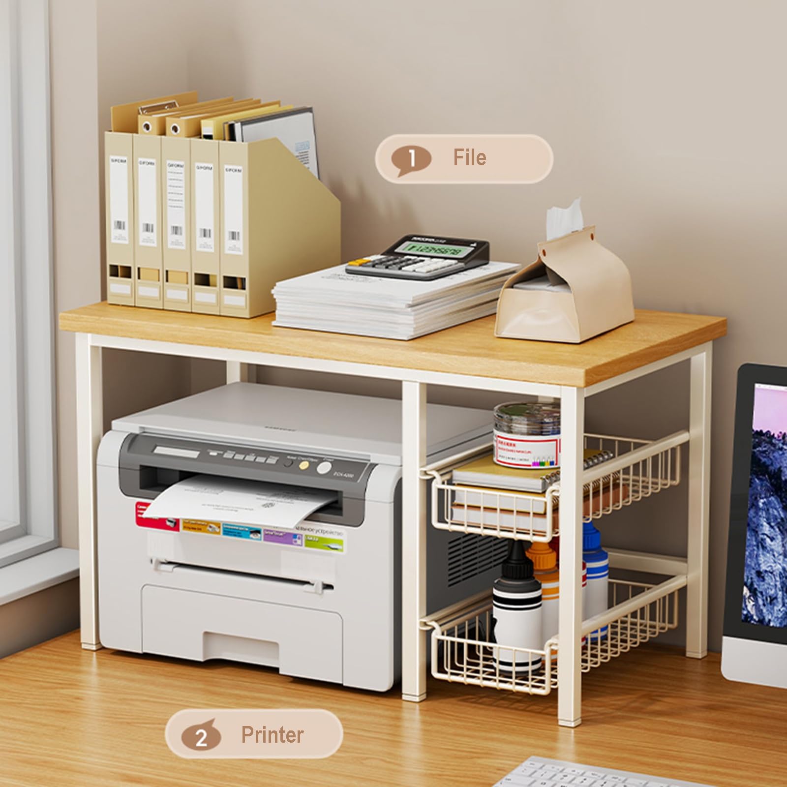 2-poziomowy stojak na drukarkę biurkową z metalową szufladą, wielofunkcyjny organizer na biurko do przechowywania materiałów biurowych, drukarki 3D, faksu, skanera i dokumentów (biały, L