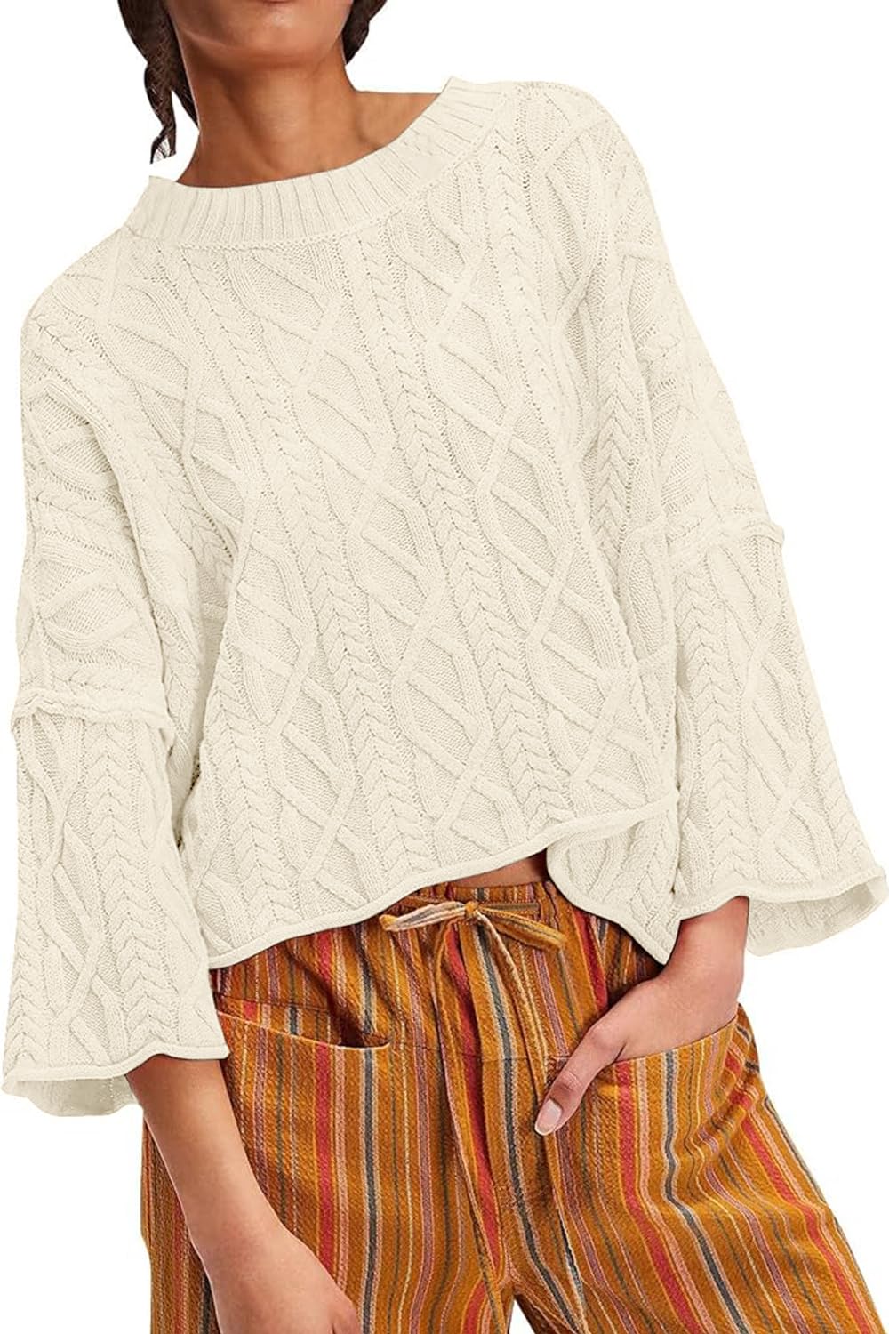 yoeasy Womens Cropped Sweaters Oversized Cable Knit Crewneck Long Sleeve Pullover Trendy Casual Loose Sweater Tops