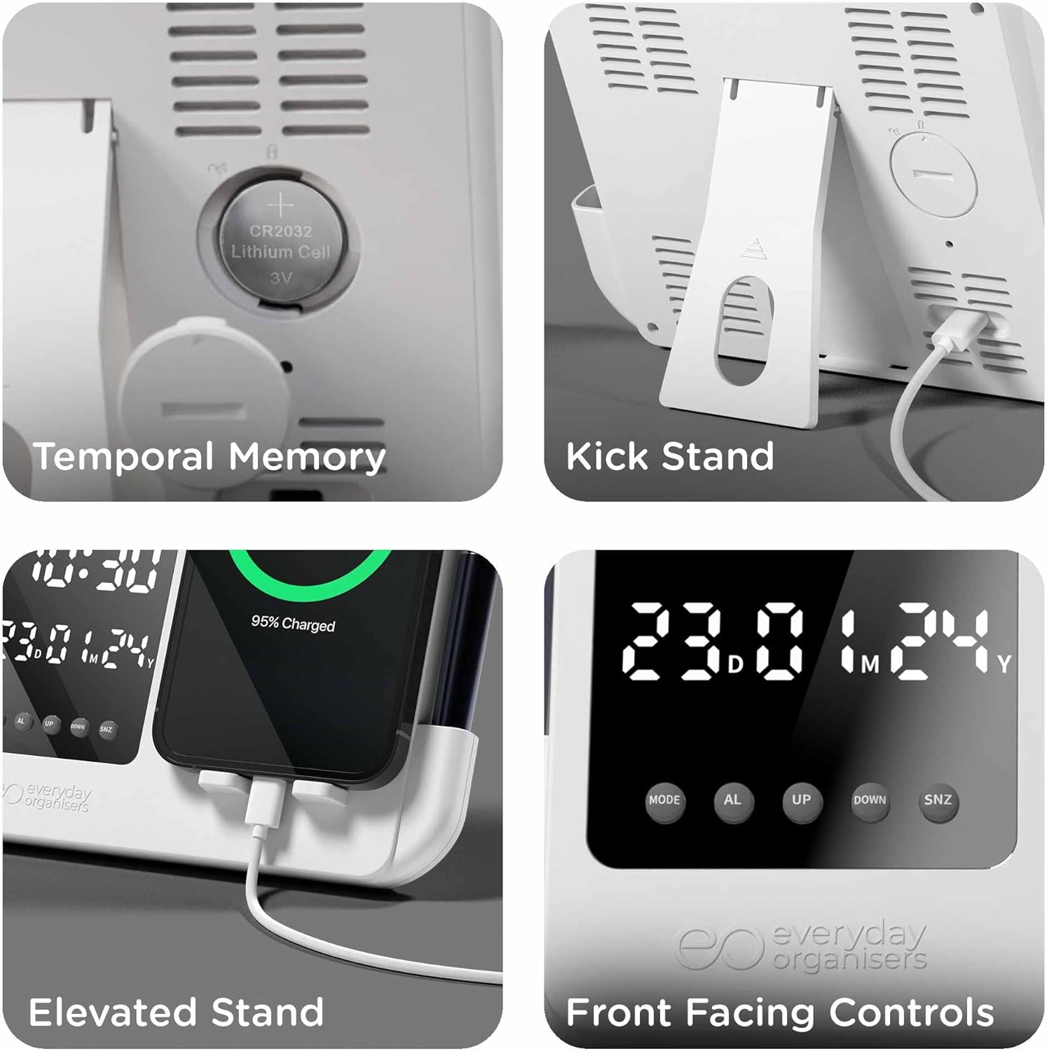 eo Digital Alarm Clock temporal memory, kickstand, elevated stand, and front controls