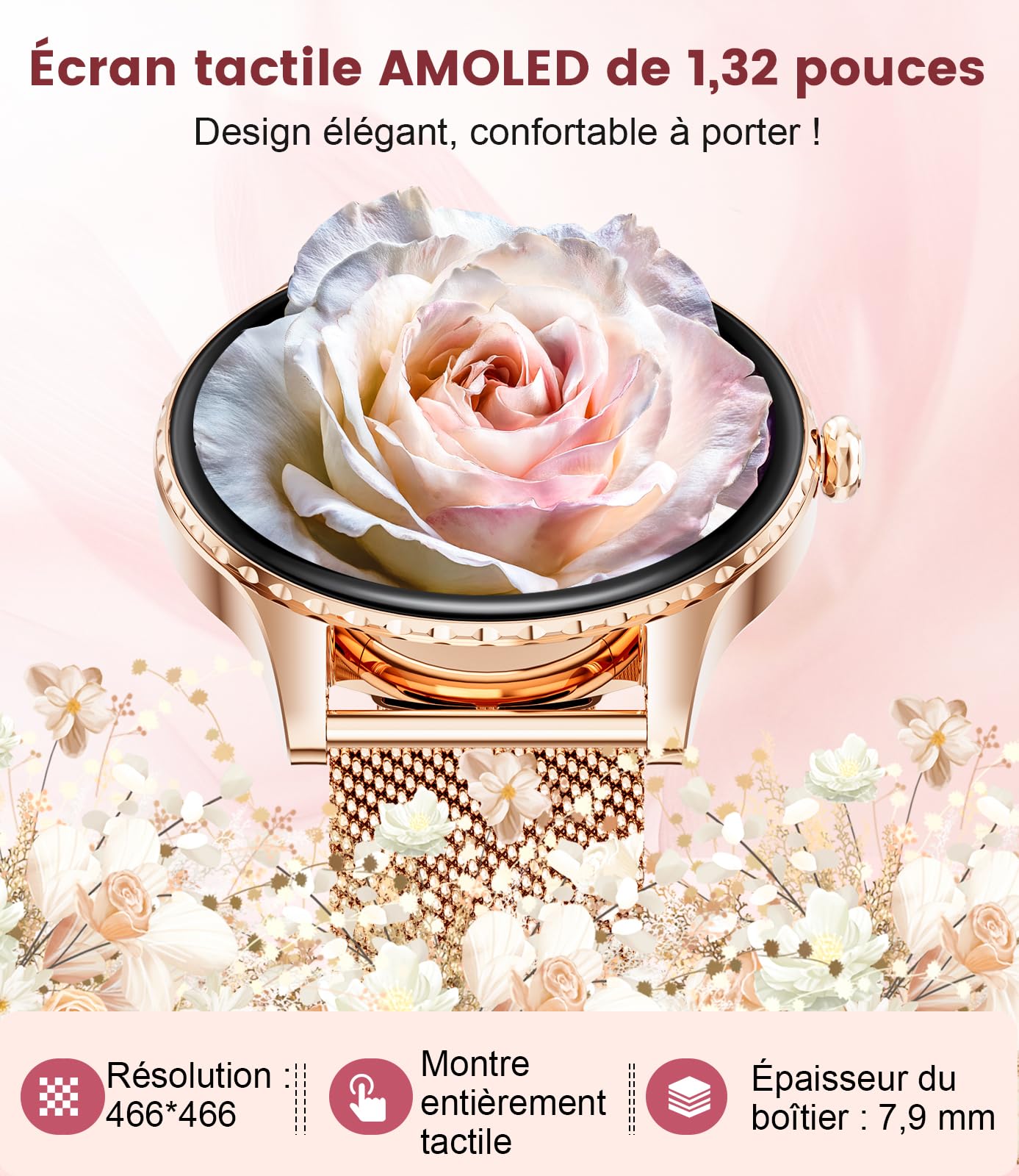 Montre Connectée Femme avec Appel Bluetooth, 1,32"Amoled Display, IP68 Étanche Smartwatch, 2 Sangles/100+ Modes Sportifs pour Android iOS, Fréquence Cardiaque/Sommeil/Fonction Féminine, Or Rose